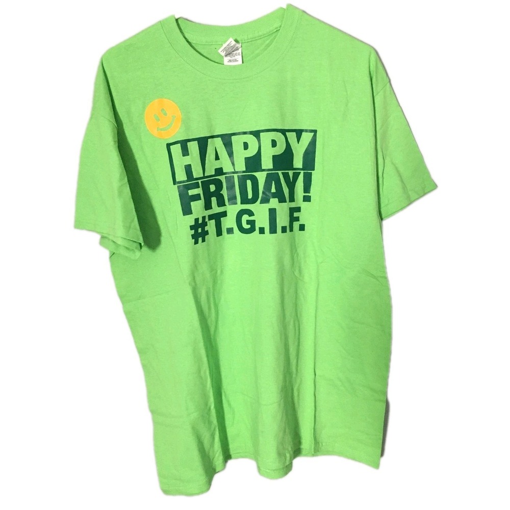 Gildan Shirt Womens Large Neon Green Happy Friday TGIF Smiley Graphic Tee